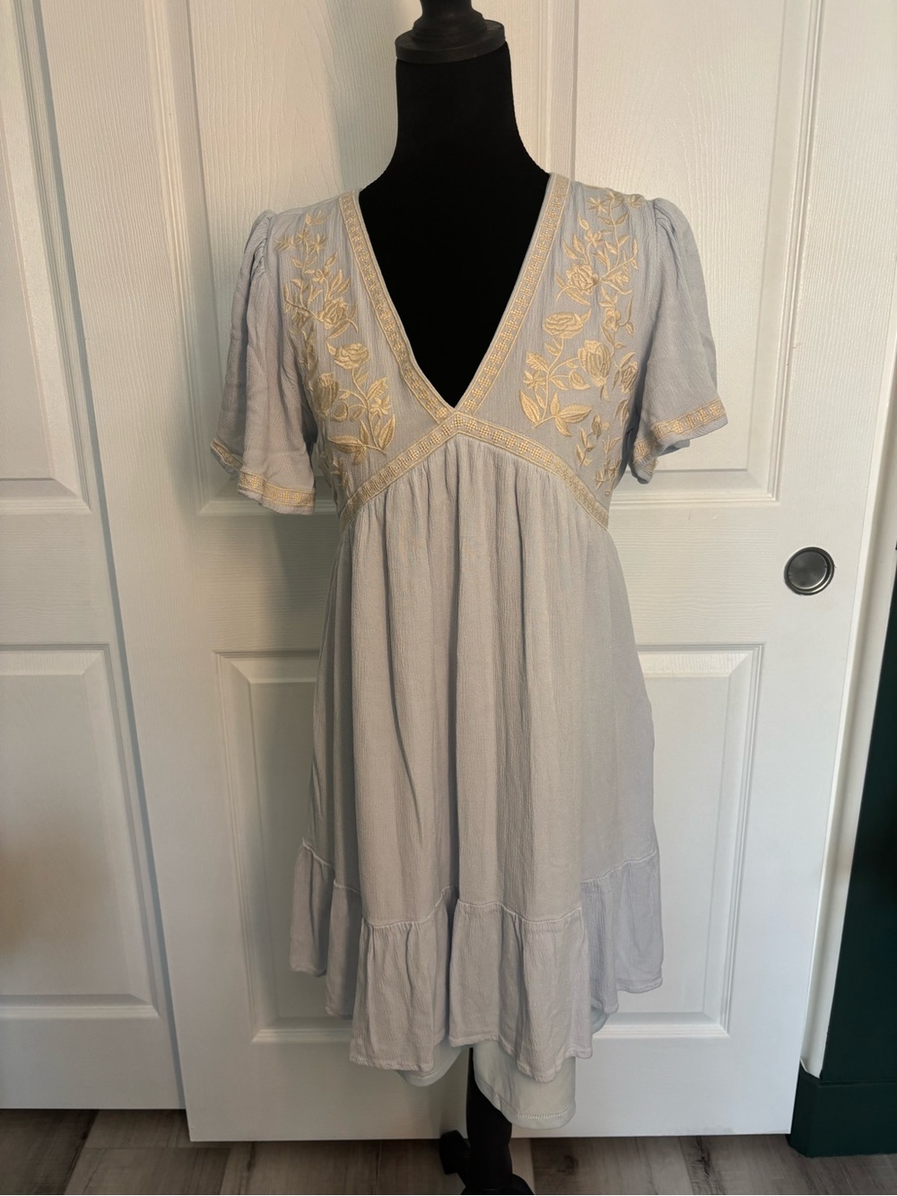 In Loom Blue Embroidered Boho Babydoll Mini Dress L Rayon